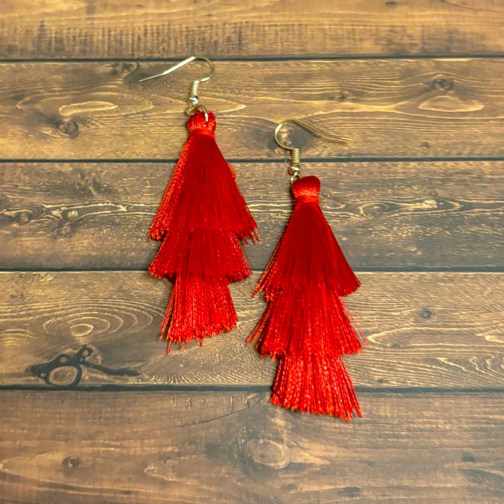 Fun Red Tassel Earring with Gold Tone Fish-Hook Wires